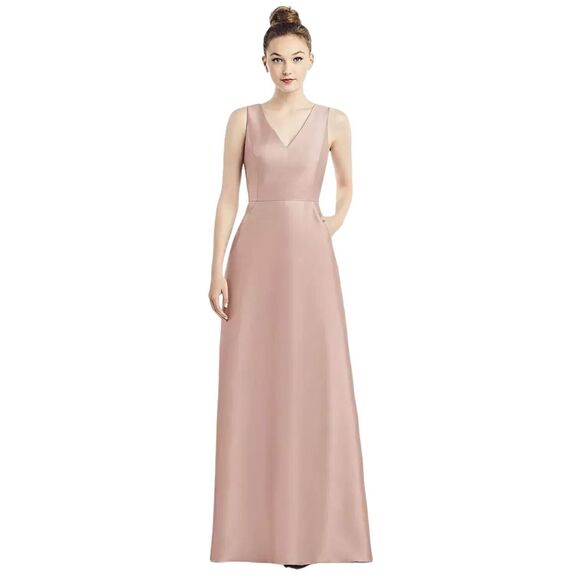 Alfred Sung Toasted Sugar Pink Sleeveless V-Neck Satin Gown Pockets Dress Size 2 - Picture 7 of 7